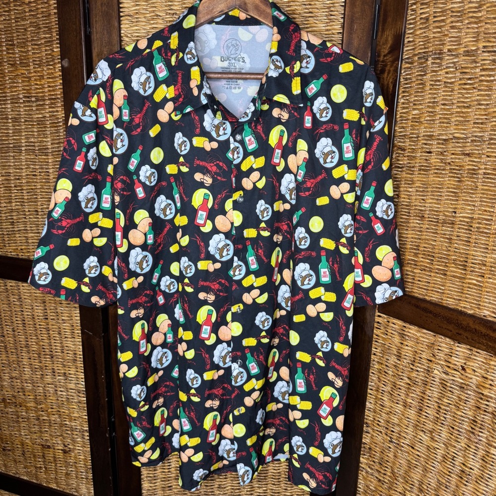 Buc-ees Hawaiian Shirt Crawfish Boil Hot Sauce Corn Seafood Mens 3X